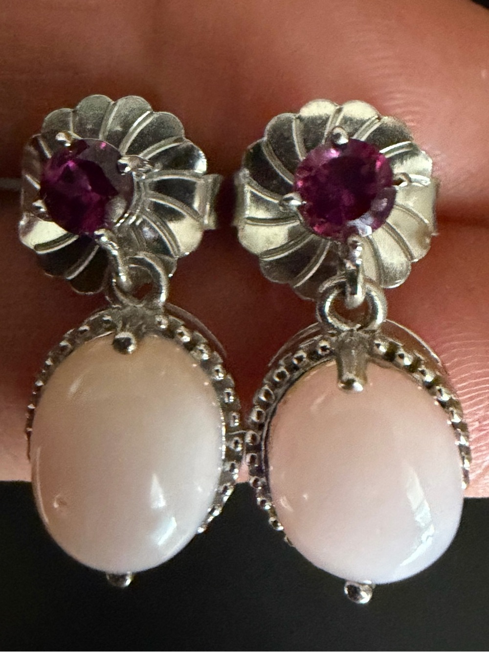 VINTAGE MLD TH 925 STERLING SILVER PINK OPAL & RHODOLITE GARNET DANGLE EARRINGS - Picture 2 of 12